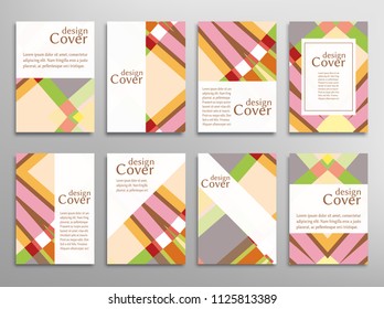 Set of A4 cover, abstract composition. Colorful header design for flyer, book, info banner frame, title sheet. Colored geometric shapes. Modern design. Brochure template layout. Vector illustration