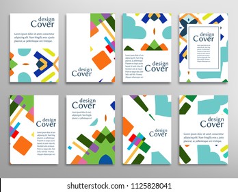Set of A4 cover, abstract composition. Colorful header design for flyer, book, info banner frame, title sheet. Colored geometric shapes. Modern design. Brochure template layout. Vector illustration