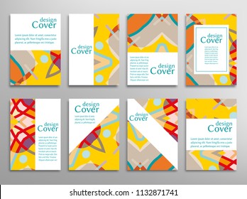 Set of A4 cover, abstract composition. Colorful header design for flyer, book, info banner frame, title sheet. Colored geometric shapes. Modern design. Brochure template layout. Vector illustration