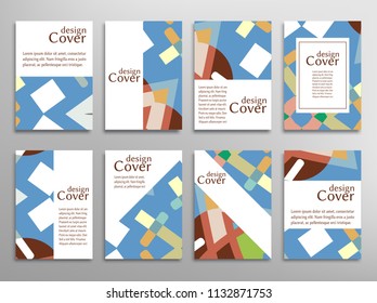 Set of A4 cover, abstract composition. Colorful header design for flyer, book, info banner frame, title sheet. Colored geometric shapes. Modern design. Brochure template layout. Vector illustration