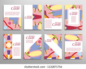 Set of A4 cover, abstract composition. Colorful header design for flyer, book, info banner frame, title sheet. Colored geometric shapes. Modern design. Brochure template layout. Vector illustration