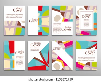 Set of A4 cover, abstract composition. Colorful header design for flyer, book, info banner frame, title sheet. Colored geometric shapes. Modern design. Brochure template layout. Vector illustration