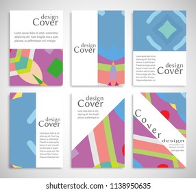 Set of A4 cover, abstract composition. Colorful header design for flyer, book, info banner frame, title sheet. Colored geometric shapes. Modern design. Brochure template layout. Vector illustration