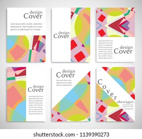 Set of A4 cover, abstract composition. Colorful header design for flyer, book, info banner frame, title sheet. Colored geometric shapes. Modern design. Brochure template layout. Vector illustration