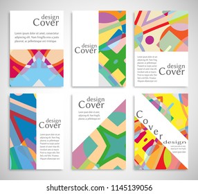 Set of A4 cover, abstract composition. Colorful header design for flyer, book, info banner frame, title sheet. Colored geometric shapes. Modern design. Brochure template layout. Vector illustration