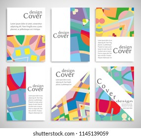 Set of A4 cover, abstract composition. Colorful header design for flyer, book, info banner frame, title sheet. Colored geometric shapes. Modern design. Brochure template layout. Vector illustration