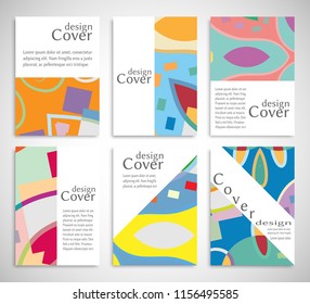 Set of A4 cover, abstract composition. Colorful header design for flyer, book, info banner frame, title sheet. Colored geometric shapes. Modern design. Brochure template layout. Vector illustration
