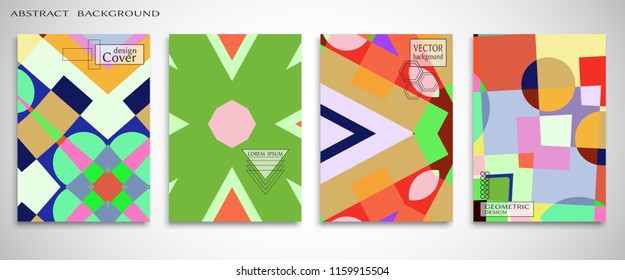 Set of A4 cover, abstract composition. Colorful header design for flyer, book, info banner frame, title sheet. Colored geometric shapes. Modern design. Brochure template layout. Vector illustration