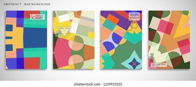 Set of A4 cover, abstract composition. Colorful header design for flyer, book, info banner frame, title sheet. Colored geometric shapes. Modern design. Brochure template layout. Vector illustration