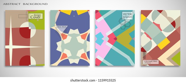 Set of A4 cover, abstract composition. Colorful header design for flyer, book, info banner frame, title sheet. Colored geometric shapes. Modern design. Brochure template layout. Vector illustration