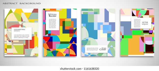 Set of A4 cover, abstract composition. Colorful header design for flyer, book, info banner frame, title sheet. Colored geometric shapes. Modern design. Brochure template layout. Vector illustration