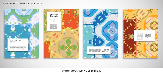 Set of A4 cover, abstract composition. Colorful header design for flyer, book, info banner frame, title sheet. Colored geometric shapes. Modern design. Brochure template layout. Vector illustration