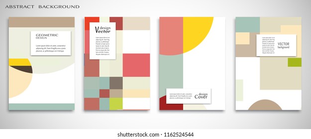 Set of A4 cover, abstract composition. Colorful header design for flyer, book, info banner frame, title sheet. Colored geometric shapes. Modern design. Brochure template layout. Vector illustration