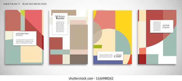 Set of A4 cover, abstract composition. Colorful header design for flyer, book, info banner frame, title sheet. Colored geometric shapes. Modern design. Brochure template layout. Vector illustration