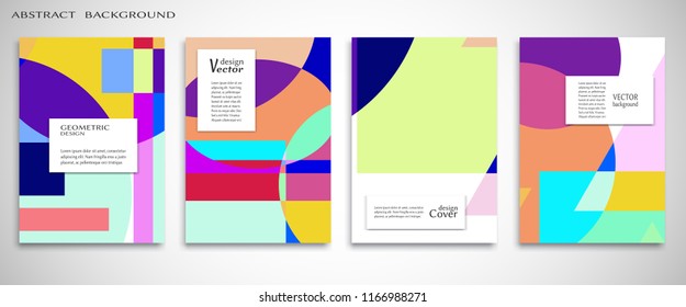 Set of A4 cover, abstract composition. Colorful header design for flyer, book, info banner frame, title sheet. Colored geometric shapes. Modern design. Brochure template layout. Vector illustration