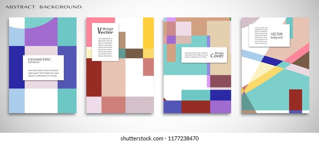 Set of A4 cover, abstract composition. Colorful header design for flyer, book, info banner frame, title sheet. Colored geometric shapes. Modern design. Brochure template layout. Vector illustration