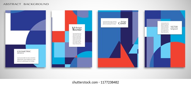 Set of A4 cover, abstract composition. Colorful header design for flyer, book, info banner frame, title sheet. Colored geometric shapes. Modern design. Brochure template layout. Vector illustration