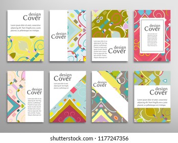 Set of A4 cover, abstract composition. Colorful header design for flyer, book, info banner frame, title sheet. Colored geometric shapes. Modern design. Brochure template layout. Vector illustration