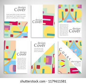 Set of A4 cover, abstract composition. Colorful header design for flyer, book, info banner frame, title sheet. Colored geometric shapes. Modern design. Brochure template layout. Vector illustration