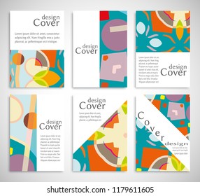 Set of A4 cover, abstract composition. Colorful header design for flyer, book, info banner frame, title sheet. Colored geometric shapes. Modern design. Brochure template layout. Vector illustration
