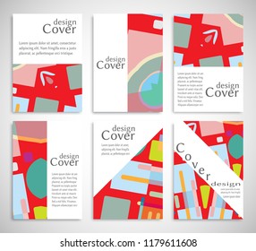 Set of A4 cover, abstract composition. Colorful header design for flyer, book, info banner frame, title sheet. Colored geometric shapes. Modern design. Brochure template layout. Vector illustration