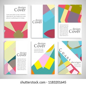 Set of A4 cover, abstract composition. Colorful header design for flyer, book, info banner frame, title sheet. Colored geometric shapes. Modern design. Brochure template layout. Vector illustration