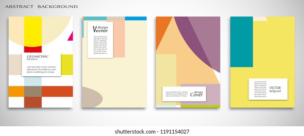 Set of A4 cover, abstract composition. Colorful header design for flyer, book, info banner frame, title sheet. Colored geometric shapes. Modern design. Brochure template layout. Vector illustration