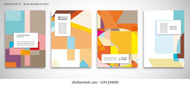 Set of A4 cover, abstract composition. Colorful header design for flyer, book, info banner frame, title sheet. Colored geometric shapes. Modern design. Brochure template layout. Vector illustration