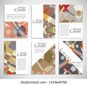 Set of A4 cover, abstract composition. Colorful header design for flyer, book, info banner frame, title sheet. Colored geometric shapes. Modern design. Brochure template layout. Vector illustration