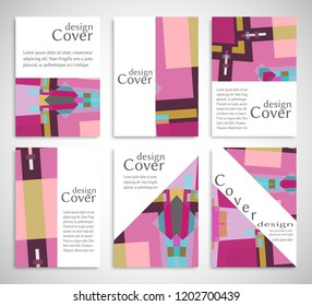 Set of A4 cover, abstract composition. Colorful header design for flyer, book, info banner frame, title sheet. Colored geometric shapes. Modern design. Brochure template layout. Vector illustration