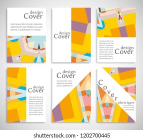 Set of A4 cover, abstract composition. Colorful header design for flyer, book, info banner frame, title sheet. Colored geometric shapes. Modern design. Brochure template layout. Vector illustration