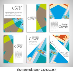 Set of A4 cover, abstract composition. Colorful header design for flyer, book, info banner frame, title sheet. Colored geometric shapes. Modern design. Brochure template layout. Vector illustration