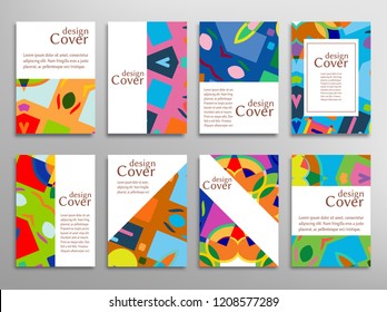 Set of A4 cover, abstract composition. Colorful header design for flyer, book, info banner frame, title sheet. Colored geometric shapes. Modern design. Brochure template layout. Vector illustration