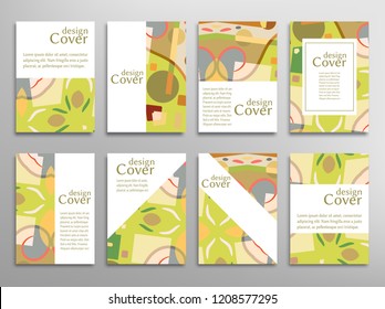Set of A4 cover, abstract composition. Colorful header design for flyer, book, info banner frame, title sheet. Colored geometric shapes. Modern design. Brochure template layout. Vector illustration