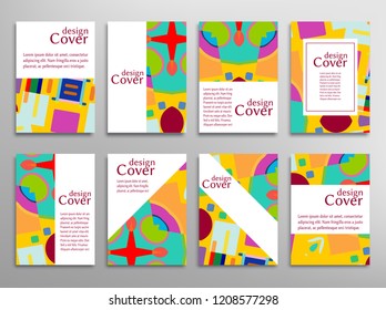 Set of A4 cover, abstract composition. Colorful header design for flyer, book, info banner frame, title sheet. Colored geometric shapes. Modern design. Brochure template layout. Vector illustration