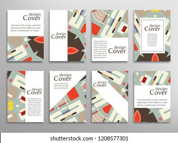 Set of A4 cover, abstract composition. Colorful header design for flyer, book, info banner frame, title sheet. Colored geometric shapes. Modern design. Brochure template layout. Vector illustration