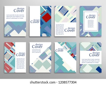 Set of A4 cover, abstract composition. Colorful header design for flyer, book, info banner frame, title sheet. Colored geometric shapes. Modern design. Brochure template layout. Vector illustration