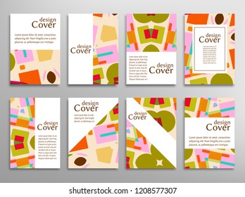Set of A4 cover, abstract composition. Colorful header design for flyer, book, info banner frame, title sheet. Colored geometric shapes. Modern design. Brochure template layout. Vector illustration
