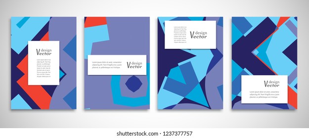 Set of A4 cover, abstract composition. Colorful header design for flyer, book, info banner frame, title sheet. Colored geometric shapes. Modern design. Brochure template layout. Vector illustration