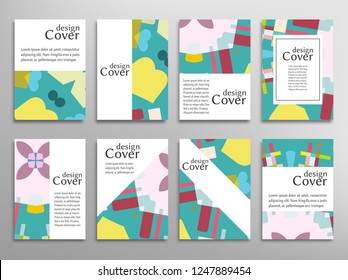 Set of A4 cover, abstract composition. Colorful header design for flyer, book, info banner frame, title sheet. Colored geometric shapes. Modern design. Brochure template layout. Vector illustration