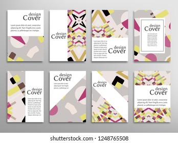 Set of A4 cover, abstract composition. Colorful header design for flyer, book, info banner frame, title sheet. Colored geometric shapes. Modern design. Brochure template layout. Vector illustration