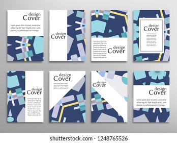 Set of A4 cover, abstract composition. Colorful header design for flyer, book, info banner frame, title sheet. Colored geometric shapes. Modern design. Brochure template layout. Vector illustration