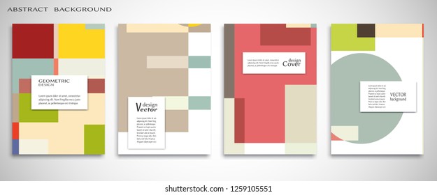 Set of A4 cover, abstract composition. Colorful header design for flyer, book, info banner frame, title sheet. Colored geometric shapes. Modern design. Brochure template layout. Vector illustration