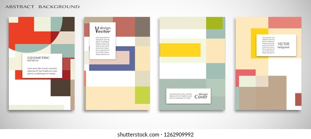 Set of A4 cover, abstract composition. Colorful header design for flyer, book, info banner frame, title sheet. Colored geometric shapes. Modern design. Brochure template layout. Vector illustration