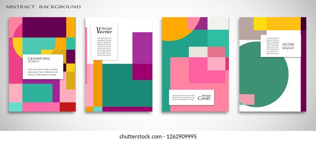 Set of A4 cover, abstract composition. Colorful header design for flyer, book, info banner frame, title sheet. Colored geometric shapes. Modern design. Brochure template layout. Vector illustration