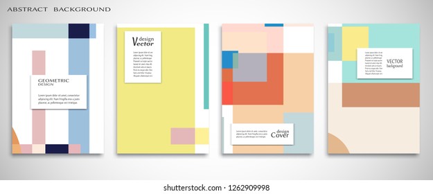 Set of A4 cover, abstract composition. Colorful header design for flyer, book, info banner frame, title sheet. Colored geometric shapes. Modern design. Brochure template layout. Vector illustration