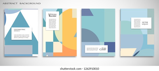 Set of A4 cover, abstract composition. Colorful header design for flyer, book, info banner frame, title sheet. Colored geometric shapes. Modern design. Brochure template layout. Vector illustration