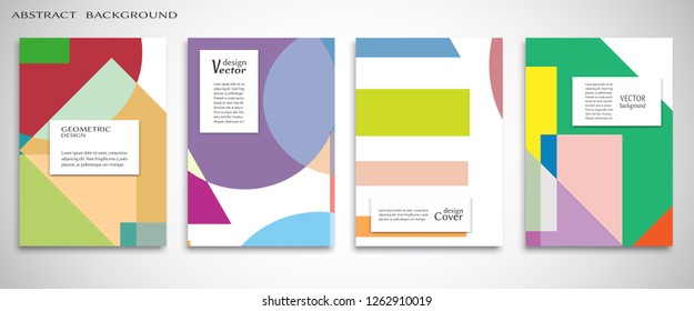 Set of A4 cover, abstract composition. Colorful header design for flyer, book, info banner frame, title sheet. Colored geometric shapes. Modern design. Brochure template layout. Vector illustration