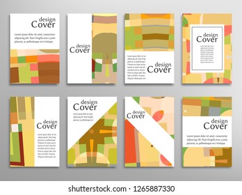 Set of A4 cover, abstract composition. Colorful header design for flyer, book, info banner frame, title sheet. Colored geometric shapes. Modern design. Brochure template layout. Vector mockup isolated