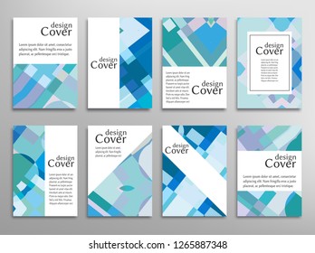 Set of A4 cover, abstract composition. Colorful header design for flyer, book, info banner frame, title sheet. Colored geometric shapes. Modern design. Brochure template layout. Vector mockup isolated